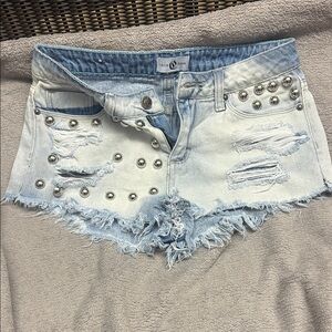 Cello Light Blue Distressed Jean Shorts with Studs these shorts are very cheeky